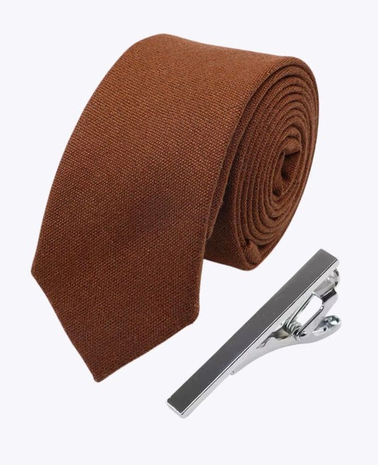 Cravate + Pince à Cravate Marron n°1 Homme en Lin «Basile»