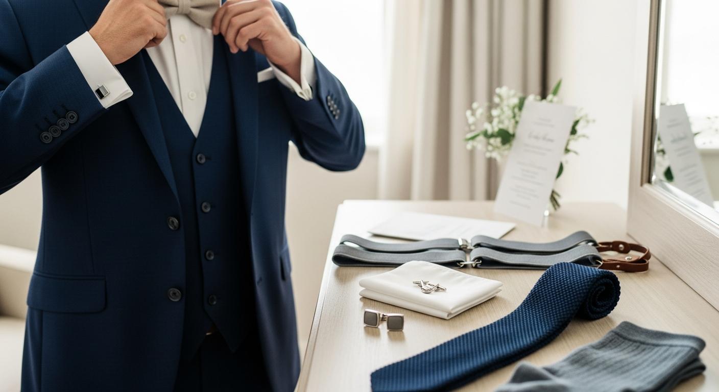 Marié en costume bleu marine ajustant un nœud papillon en lin, accessoires de costume posés sur une commode Obraz