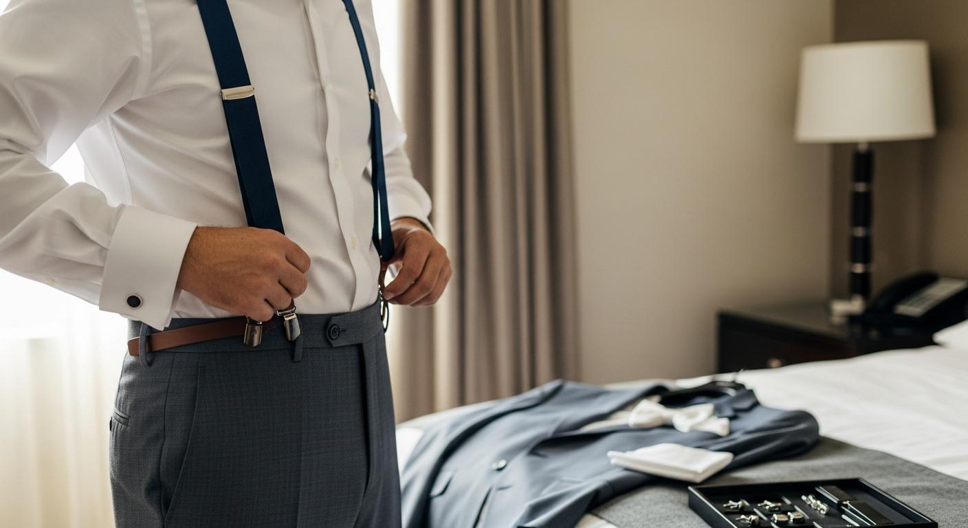 Homme en chemise blanche ajustant des bretelles bleu marine avec attaches en cuir, dans une chambre lumineuse avant un mariage Obraz