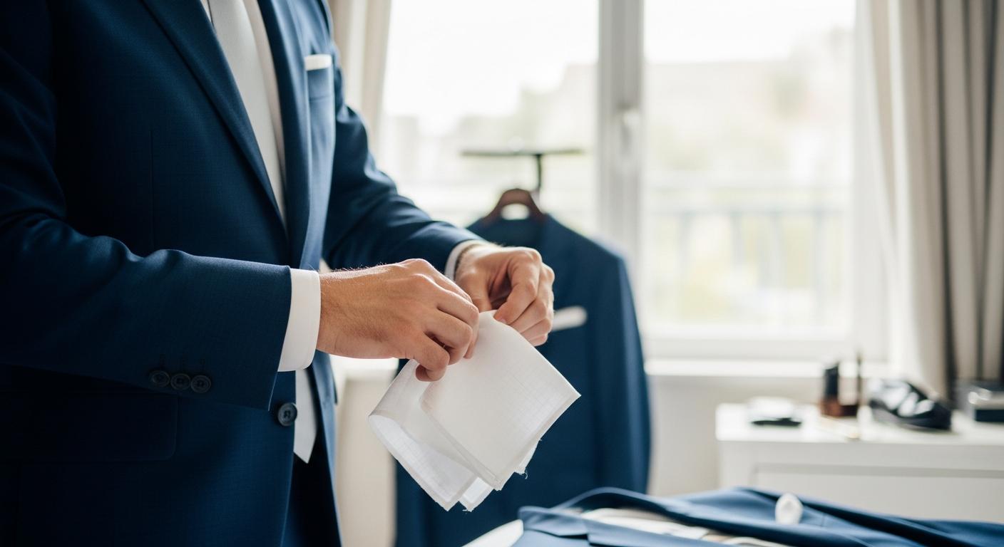 Mains d’un homme en costume bleu marine pliant une pochette blanche en lin avant une cérémonie