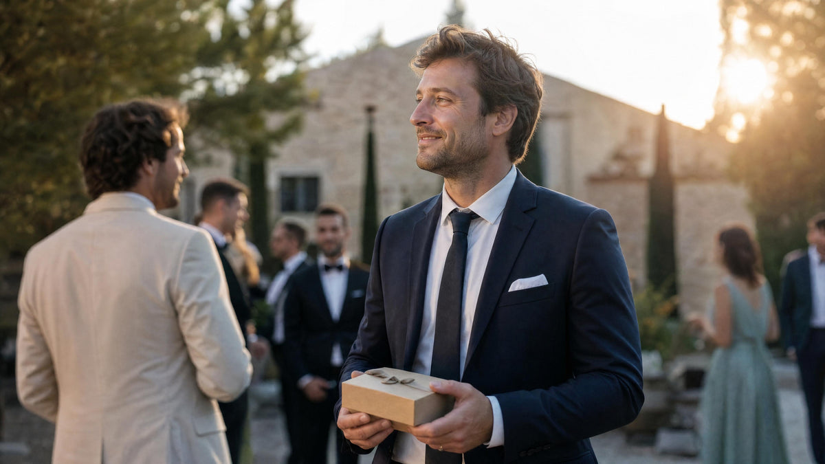 Témoin de mariage recevant un accessoire homme en cadeau, dans une ambiance de cérémonie élégante. Obraz