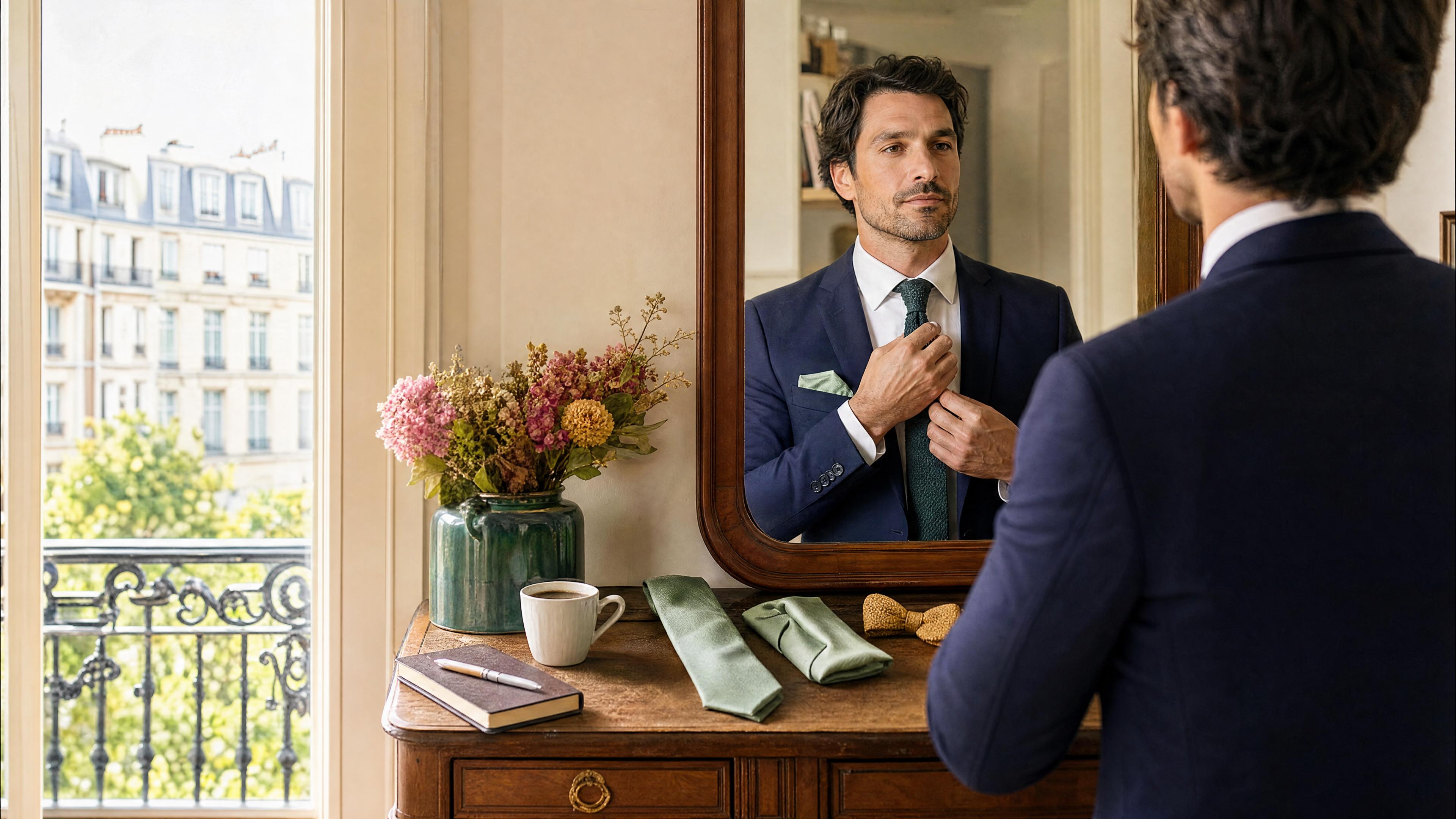 Homme en blazer bleu marine ajustant sa cravate, avec une pochette de costume et des accessoires vert sauge posés sur une commode, ambiance rentrée au bureau. Obraz