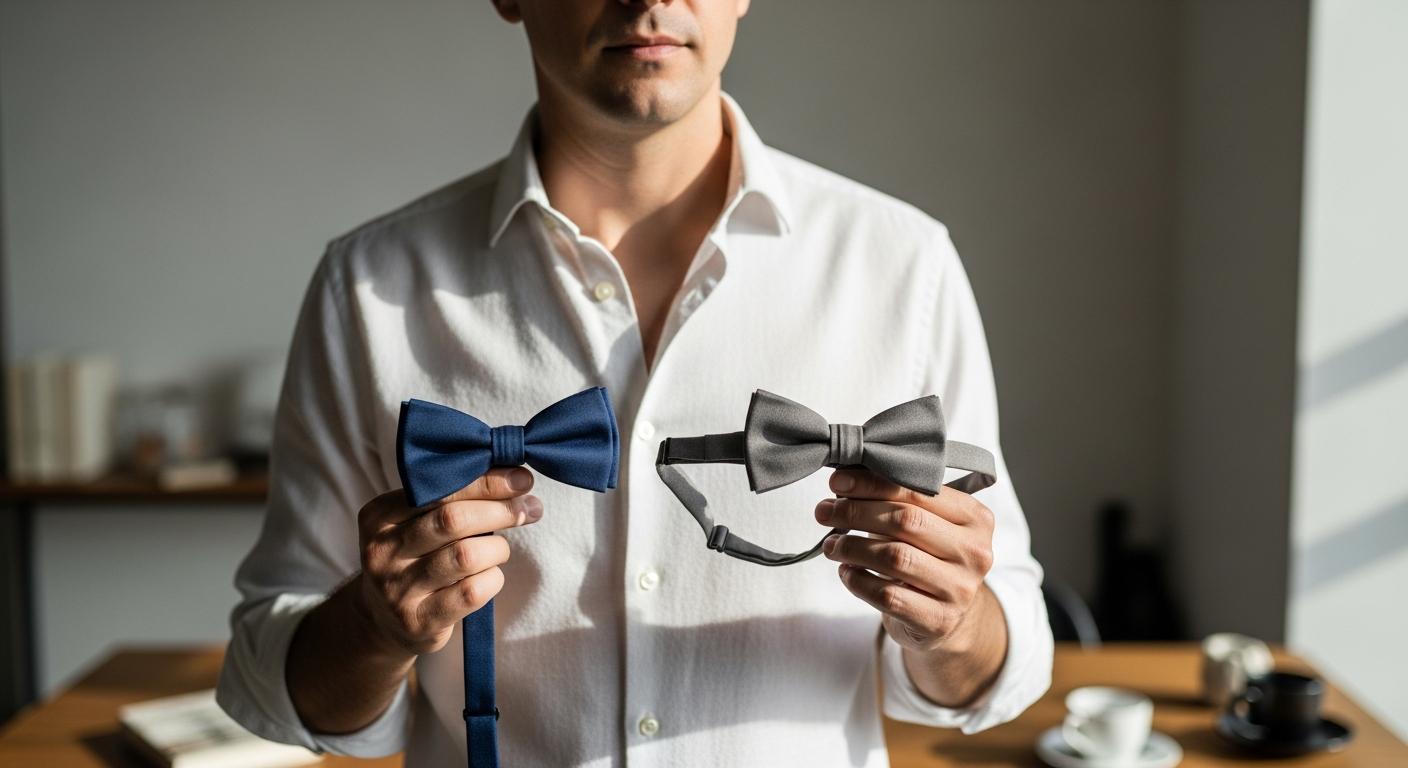 Homme en chemise blanche comparant un nœud papillon à nouer et un modèle ajustable dans un intérieur lumineux Obraz