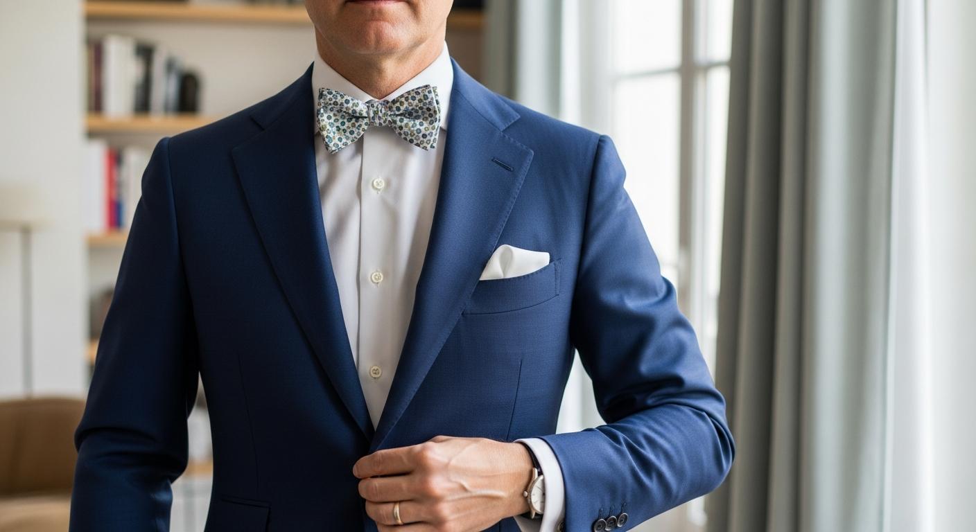 Homme en costume bleu marine portant un nœud papillon liberty avec chemise blanche, photographié en lumière naturelle dans un intérieur élégant Obraz