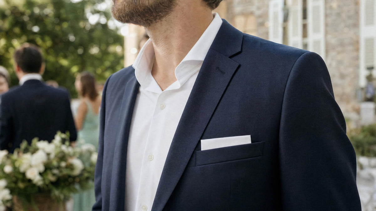 Homme en costume avec pochette de costume pour mariage, style élégant et formel. Obraz