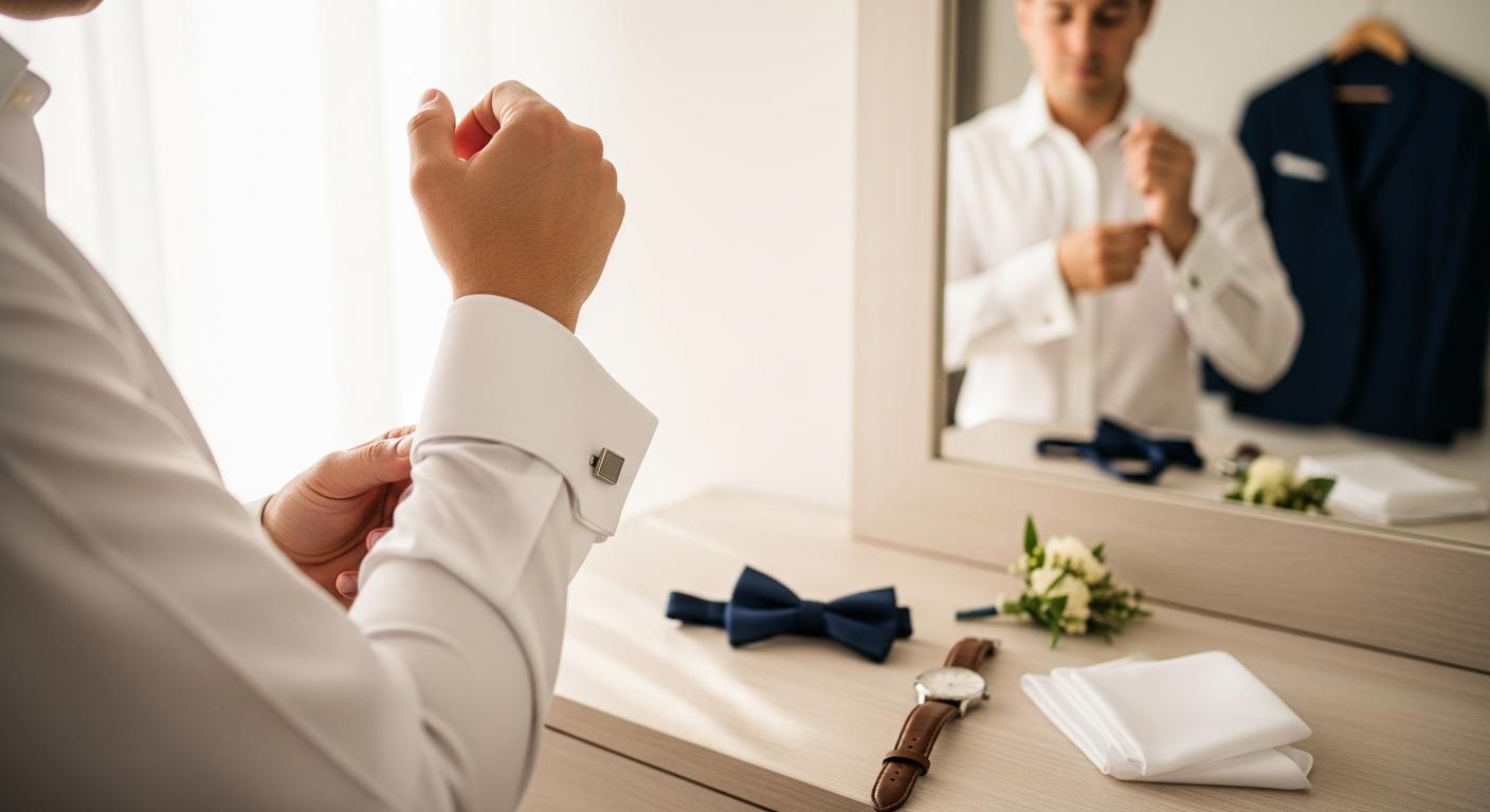 Homme en chemise blanche ajustant des boutons de manchette avant un mariage, accessoires posés sur une commode Obraz
