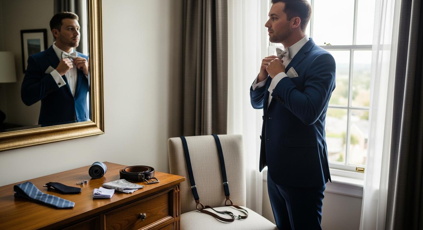 Témoin ajustant son nœud papillon devant un miroir, costume bleu marine et accessoires assortis, dans une chambre d’hôtel avant un mariage Zdjęcie
