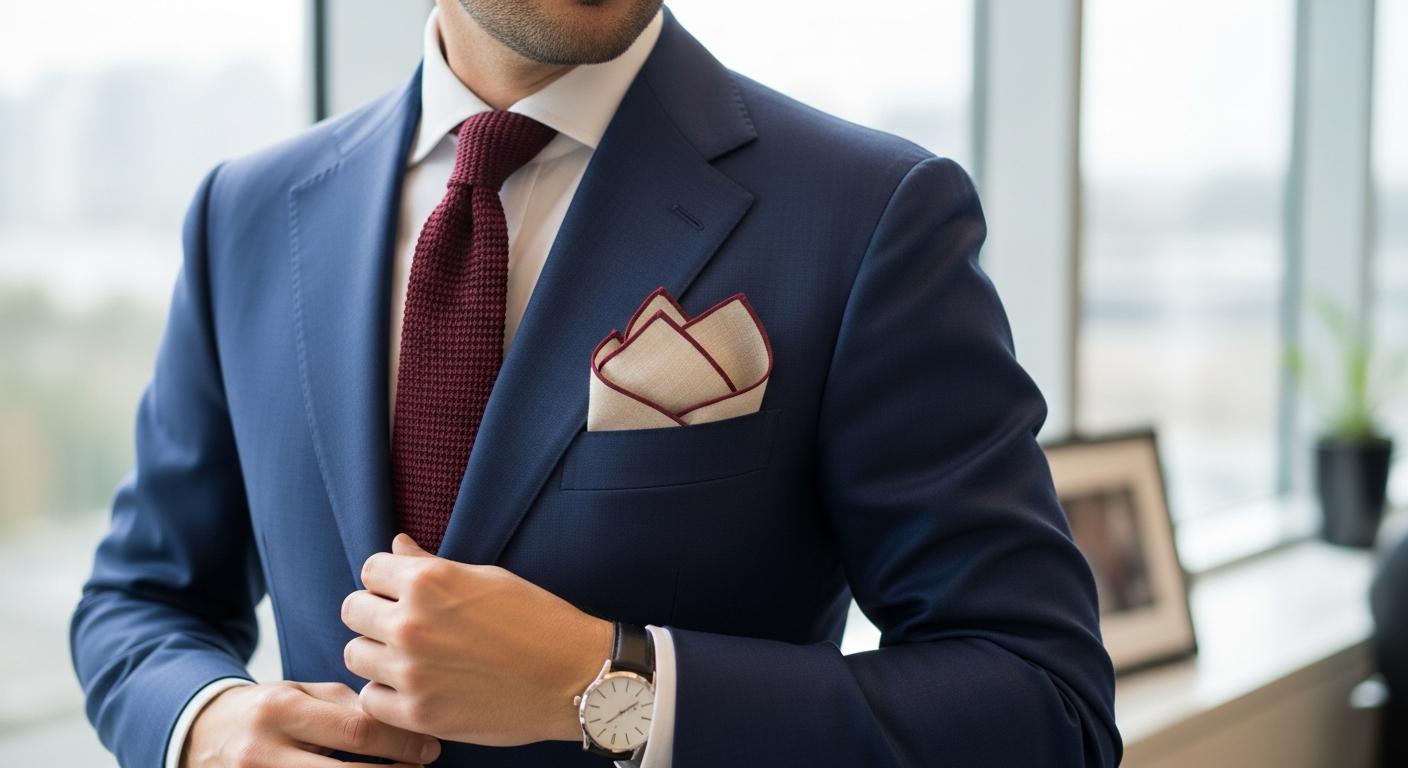 Homme en costume bleu marine avec chemise blanche et cravate bordeaux, portant une pochette en lin écru à liseré bordeaux dans la poche poitrine, lumière naturelle en bureau Obraz