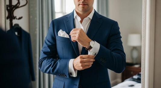 Homme en costume bleu marine ajustant des boutons de manchette argentés sur une chemise blanche, devant un miroir en lumière naturelle