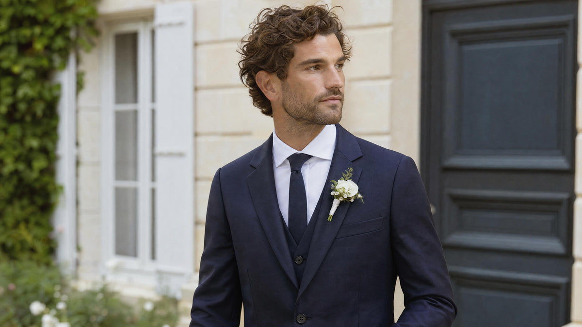 Homme en costume portant une boutonnière sur le revers gauche de sa veste Obraz