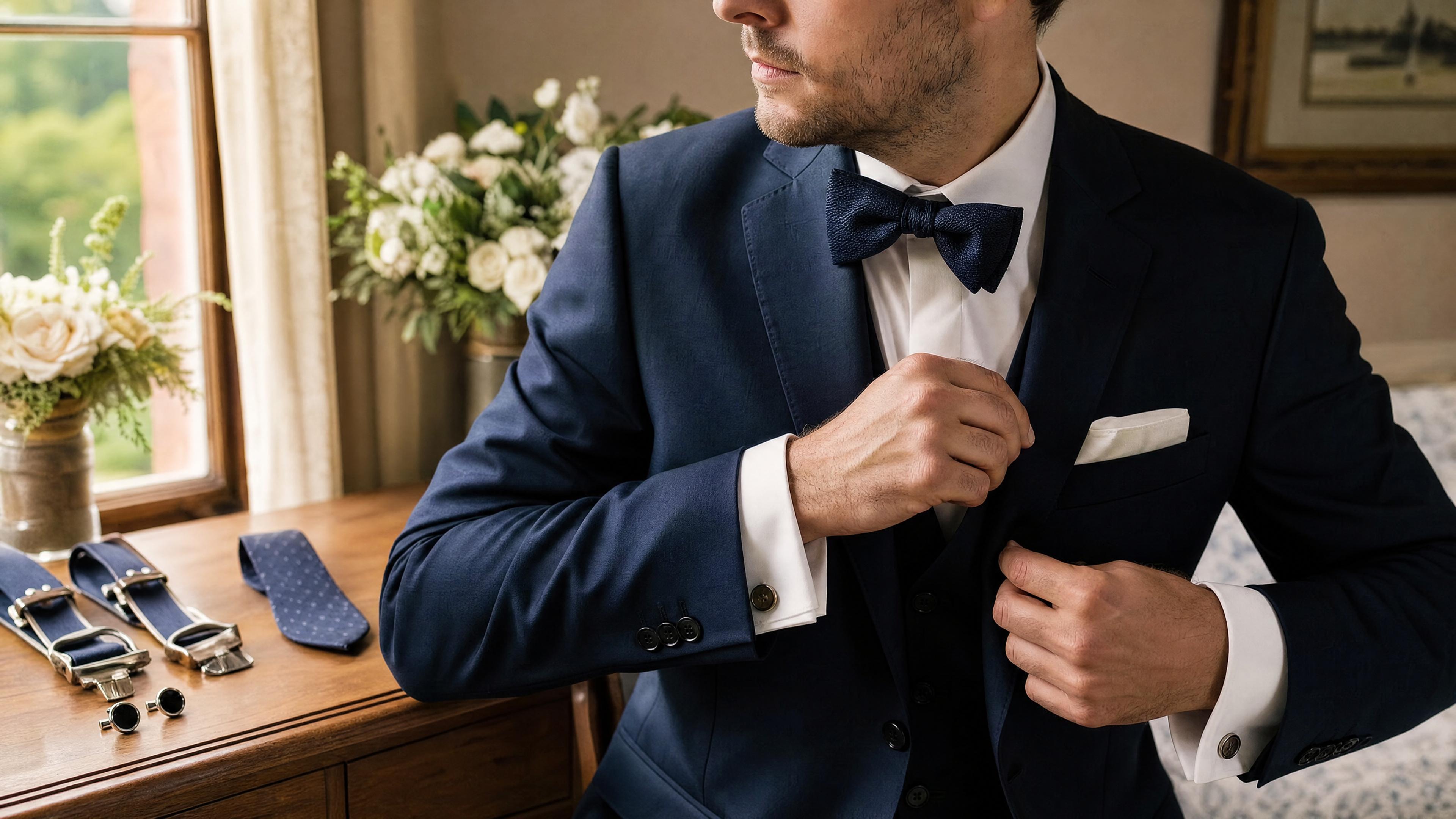 Homme en costume ajustant son nœud papillon et sa pochette lors des préparatifs d’un mariage Obraz