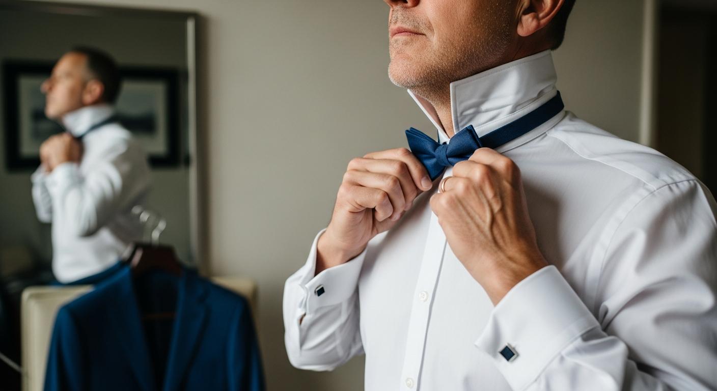 Homme ajustant un nœud papillon devant un miroir, en chemise blanche, pour illustrer le choix selon la morphologie