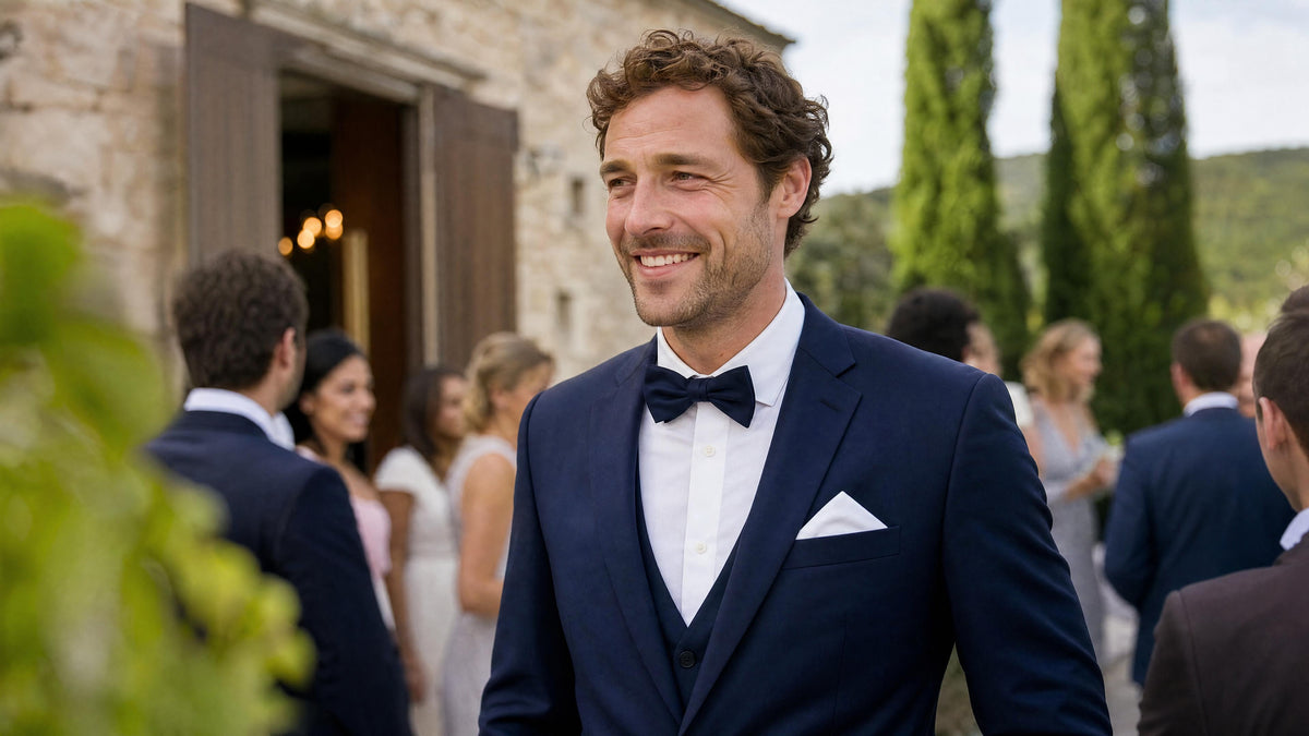 Homme en tenue de mariage avec accessoires assortis à un costume bleu marine. Obraz