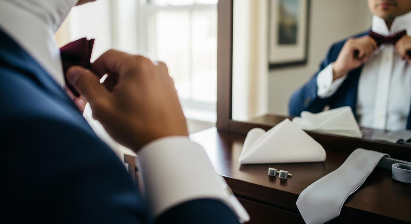 Homme en costume bleu marine ajustant un nœud papillon bordeaux devant un miroir, avec accessoires de mariage posés sur une commode Obraz