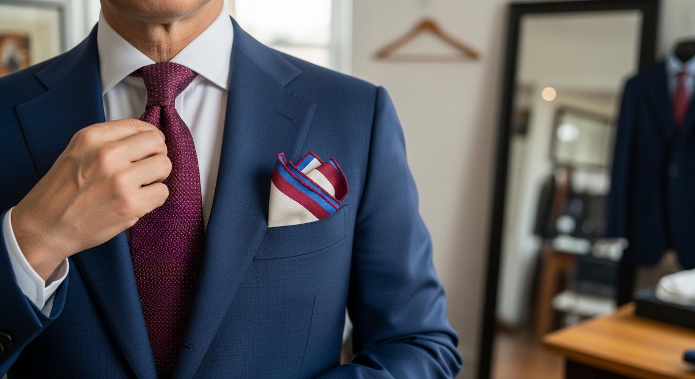 Homme en costume bleu marine avec cravate bordeaux et pochette en lin ivoire assortie, photographié en lumière naturelle près d’une fenêtre Obraz