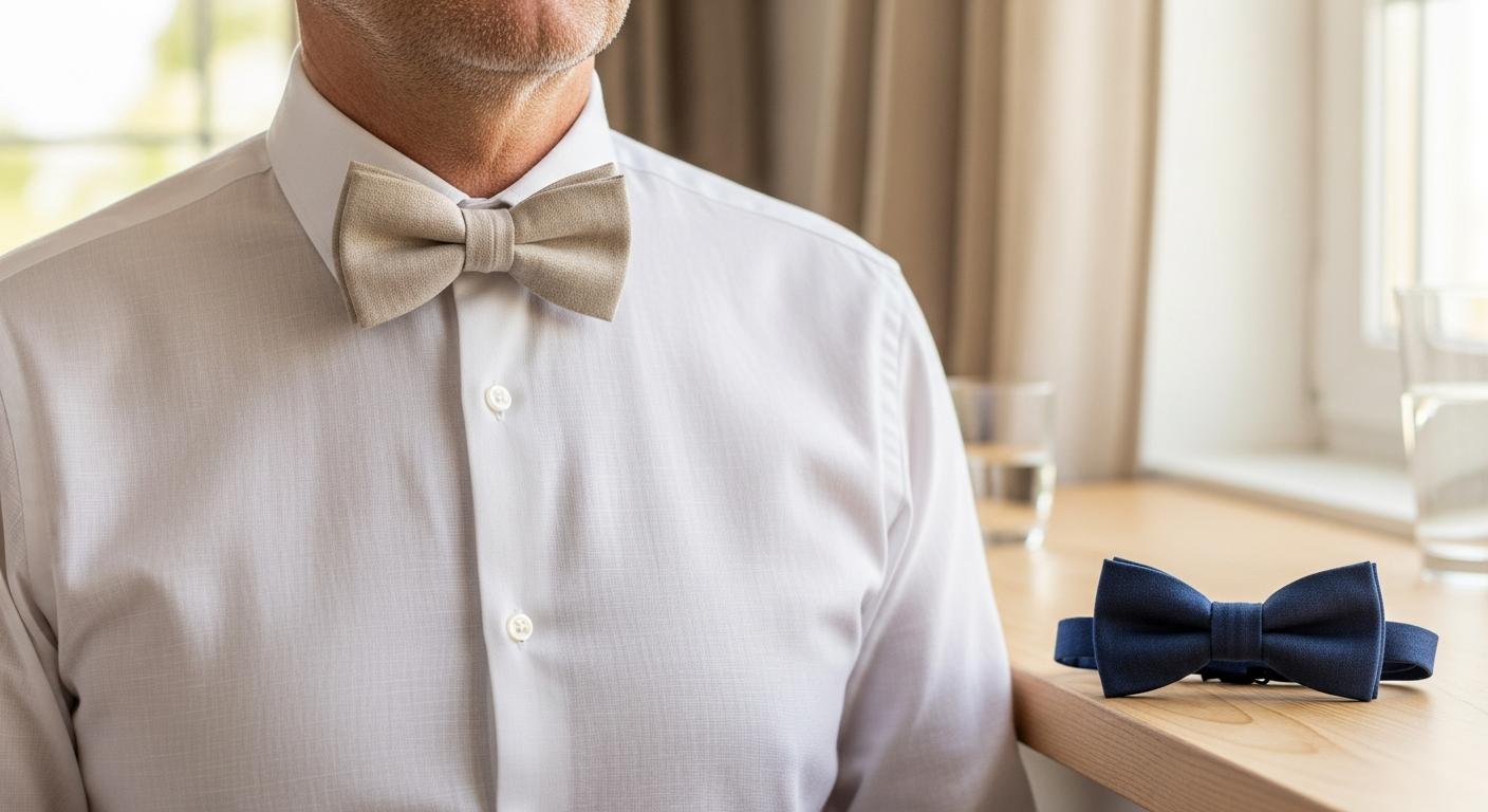 Homme en chemise blanche portant un nœud papillon en lin beige, avec un nœud papillon en coton bleu marine posé sur une table en bois dans une lumière douce d’été Zdjęcie