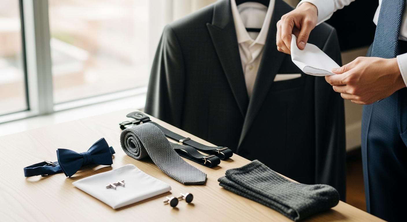 Accessoires de costume posés sur une table en bois, avec un homme qui compare nœud papillon, cravate et pochette près d’une fenêtre Obraz