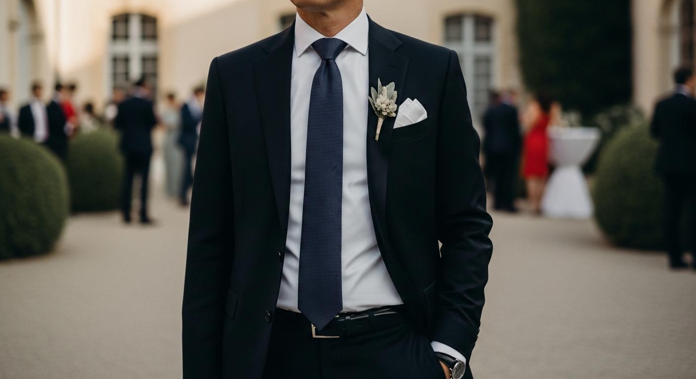 Homme en costume noir avec chemise blanche et cravate élégante lors d’un mariage, cadrage mi-corps en lumière douce Obraz