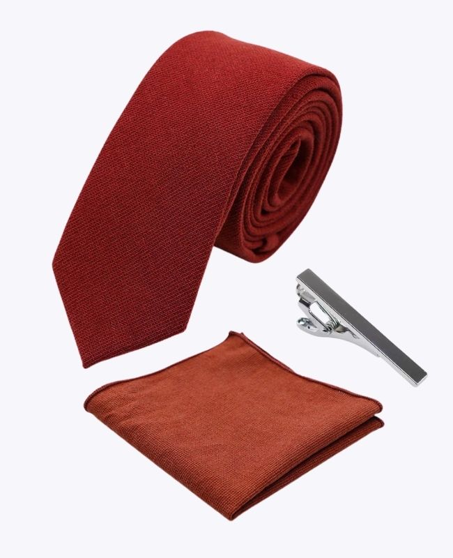 Cravate + Pochette de Costume + Pince à Cravate Terracotta Homme en Coton «Edgard»