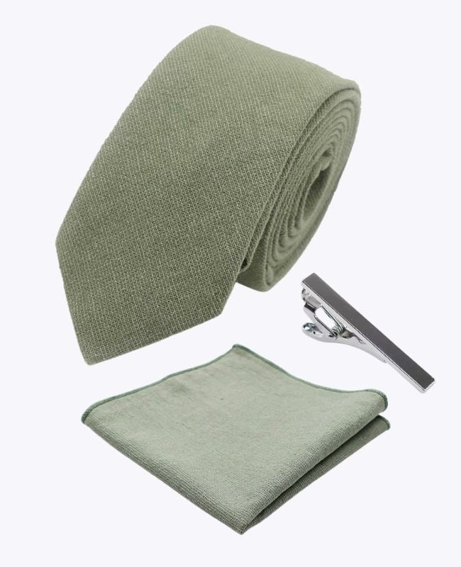 Cravate + Pochette de Costume + Pince à Cravate Vert n°2 Homme en Coton «Edgard»