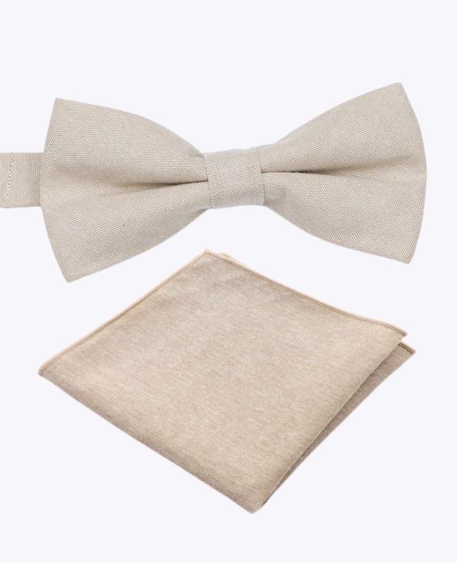 Noeud Papillon + Pochette de Costume Beige Homme en Coton «Edgard»
