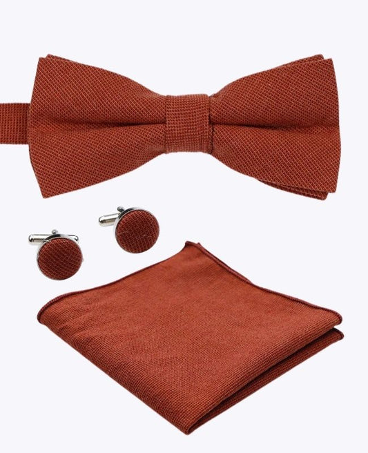 Noeud Papillon + Pochette de Costume + Boutons de Manchette Terracotta Homme en Coton «Edgard»