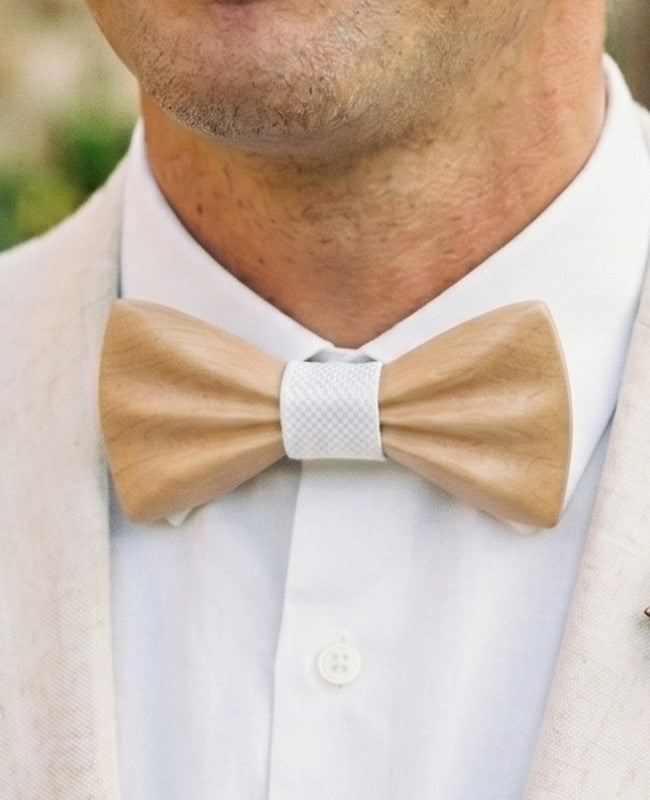 Coffret Noeud Papillon Blanc Homme en Bois Clair «Hippolyte»