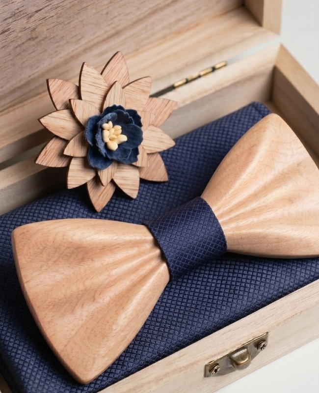 Coffret Noeud Papillon Bleu Homme en Bois Clair «Hippolyte»
