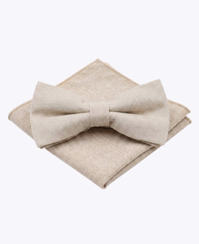 Noeud Papillon + Pochette de Costume Beige Homme en Coton «Edgard»