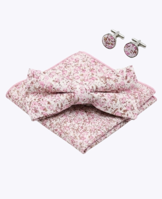 Noeud Papillon + Pochette de Costume + Boutons de Manchette Liberty Rose n°4 Homme en Coton «Gaspard»