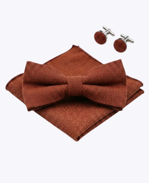Noeud Papillon + Pochette de Costume + Boutons de Manchette Terracotta Homme en Coton «Edgard»