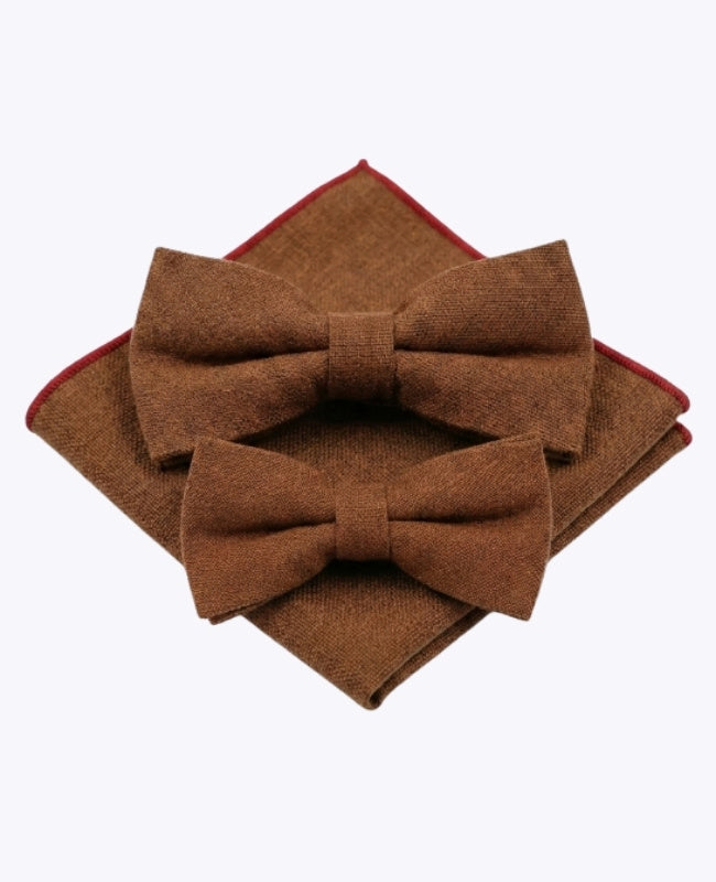 Noeuds Papillon Marron n°1 Père & Fils + Pochette de Costume en Lin «Basile»