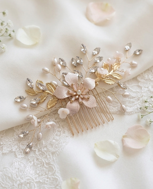 Peigne Fleuri Doré n°4 Femme «Élise»