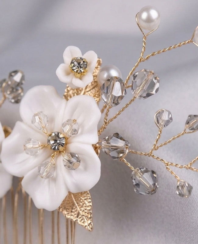 Peigne Fleuri Doré n°5 Femme «Élise»